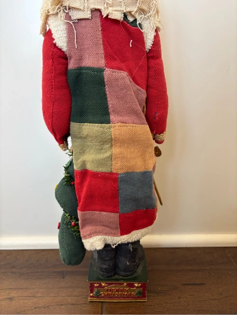 Vintage Folk Art Santa Claus Figurine Rustic Fabric Layered Beard Patchwork Coat